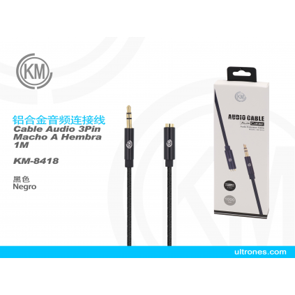 KM-8418 CABLE AUDIO JACK 3.5MM 3PIN MACHO A HEMBRA NYLON [NEGRO]