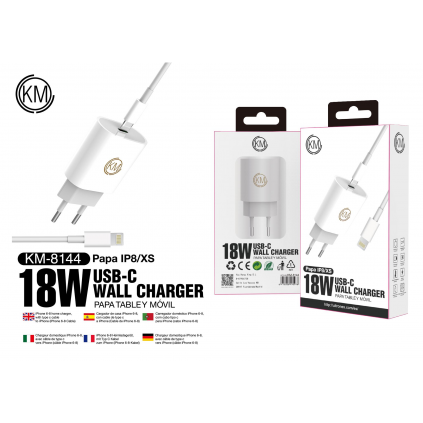 KM-8144 CARGADOR PARED 18W CABLE TYPE-C A LIGHTNING