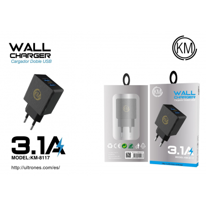 KM-8117 CARGADOR PARED 3.1A SIN CABLE [NEGRO]