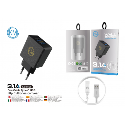 KM-8120 CARGADOR PARED 3.1A CABLE TYPE-C [NEGRO]