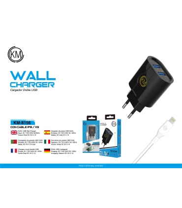 KM-8156 CARGADOR PARED CABLE LIGHTNING [NEGRO]