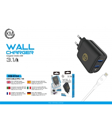 KM-8164 CARGADOR PARED CABLE LIGHTNING [NEGRO]