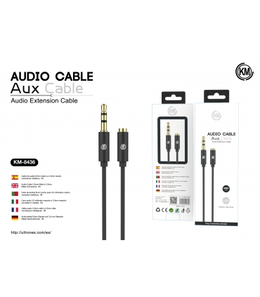 KM-8436 CABLE AUDIO JACK 3.5MM 3PIN MACHO A HEMBRA TPE [NEGRO]