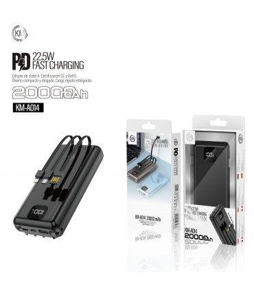 KM-A014 POWER BANK 20000mAh CON 3 CABLE PD-22.5W (Liquidación)