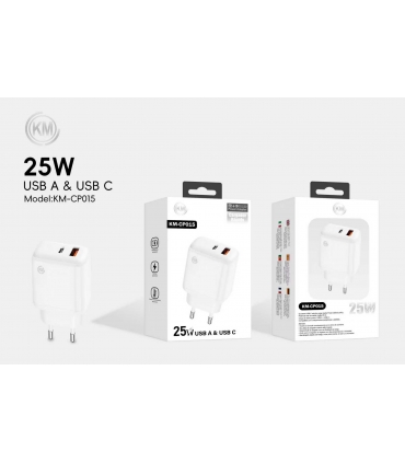 KM-CP015 CARGADOR PARED 25W PUERTO_A+C SIN CABLE [BLANCO]