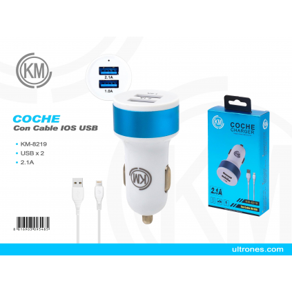 KM-8219 CARGADOR COCHE CABLE LIGHTNING [AZUL]